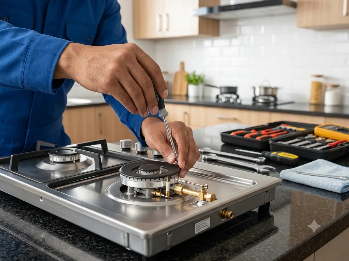 Close-up of a technician repairing a gas burner assembly