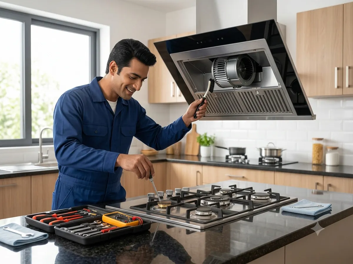 Technician servicing a kitchen chimney above a gas cooktop in Zirakpur