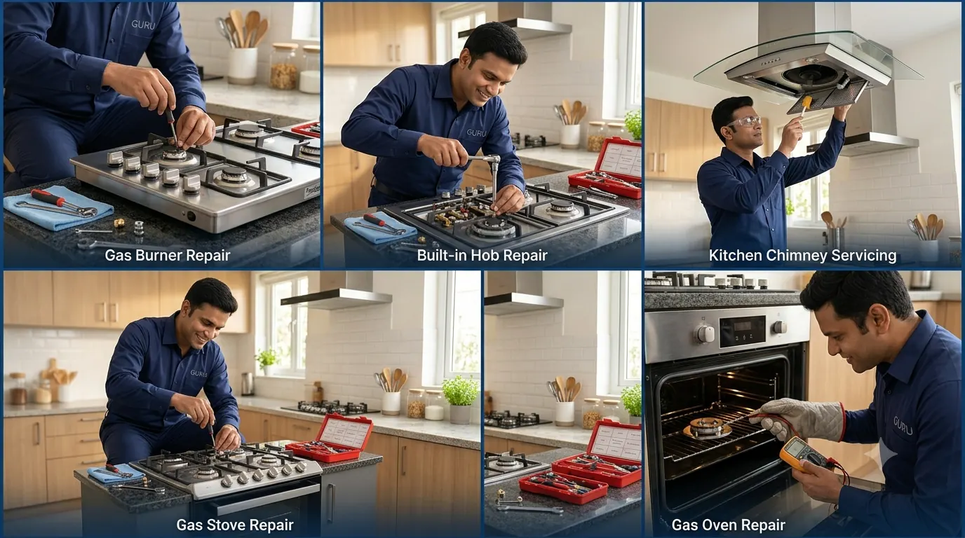 Collage of Quick Gas Repair technicians completing burner, hob, chimney, stove and oven repairs